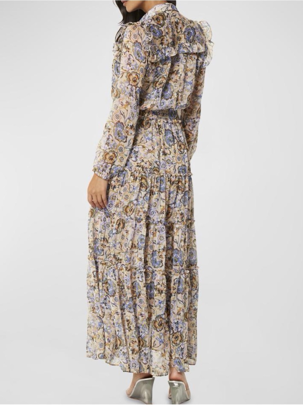 Misa Los Angeles Cream and Blue Floral Ruffled Tiered Maxi Dress - Picture 3 of 5